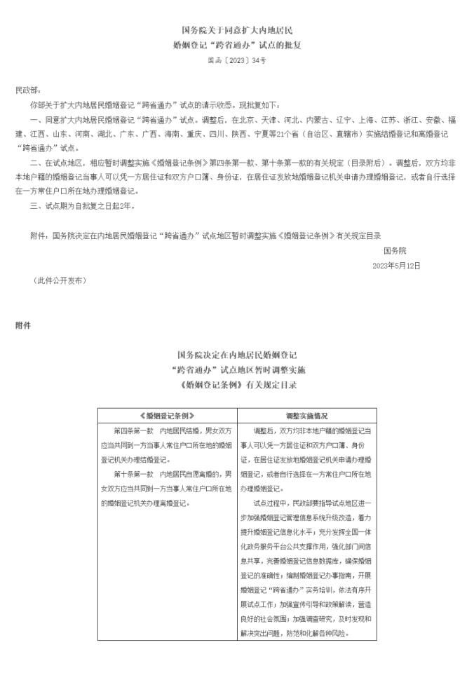 国务院发布关于同意扩大内地居民婚姻登记“跨省通办”试点的批复